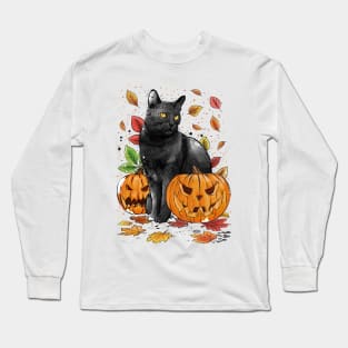 Cat Leaves and Pumpkins Long Sleeve T-Shirt